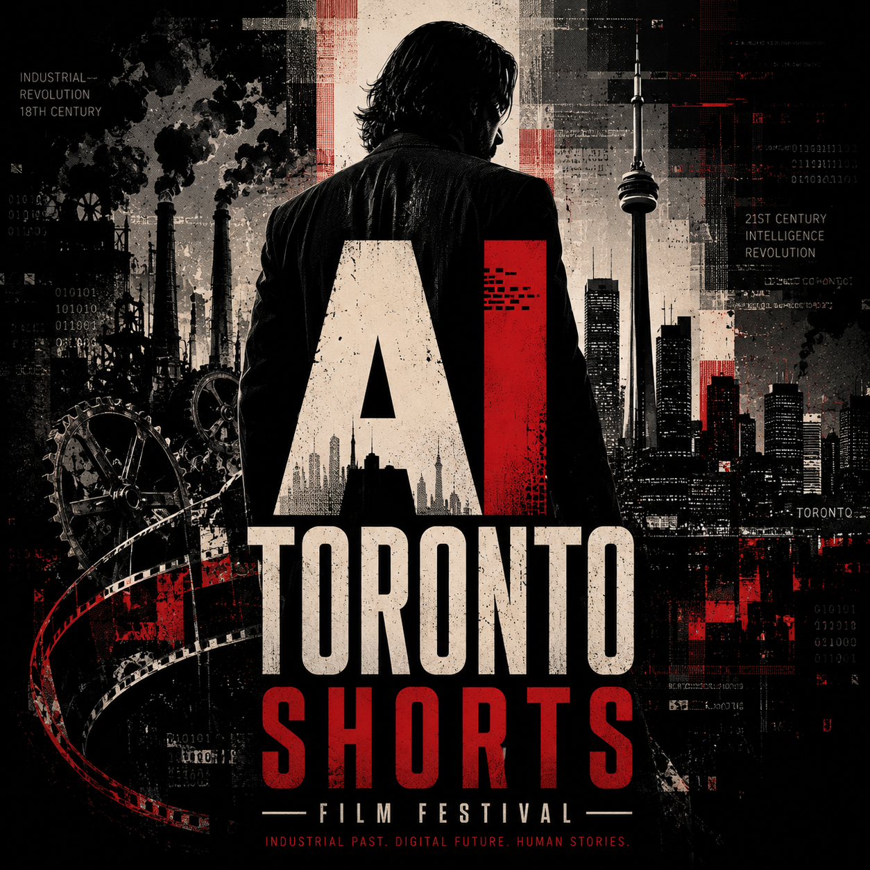AI Toronto Shorts poster: a long-coated figure facing an industrial Toronto skyline with factories and the CN Tower