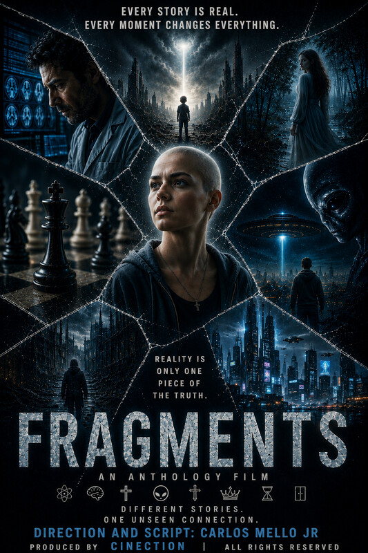 Poster for Fragments: a woman with a shaved head at the centre of shattered glass, surrounded by chess pieces, a child in a beam of light, and a futuristic city