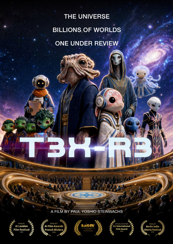 Poster for T3X-R3: a delegation of alien creatures standing above a vast galactic assembly hall, with the tagline “The universe. Billions of worlds. One under review.”