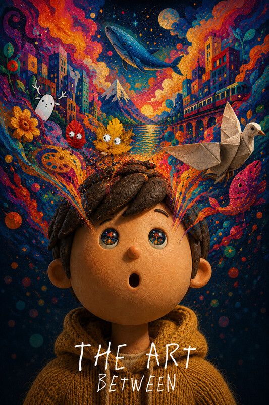 Poster for The Art Between: a wide-eyed clay boy in a mustard hoodie, a storm of colourful cities, whales, and origami birds bursting from his head
