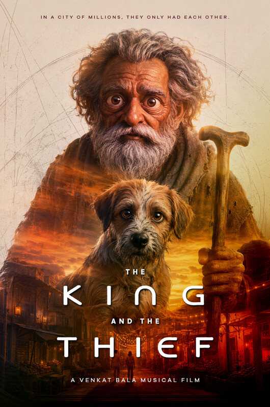 Poster for The King and the Thief: an old bearded man with a wooden staff and a scruffy dog against a warm sunset market street